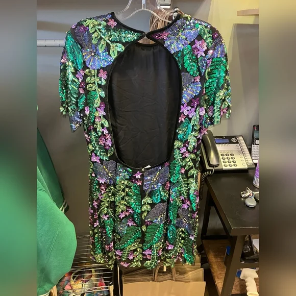 RARE sz 16 NWT $4995 Naeem Khan Sequin Leaf Pattern Dress - Green and Purple